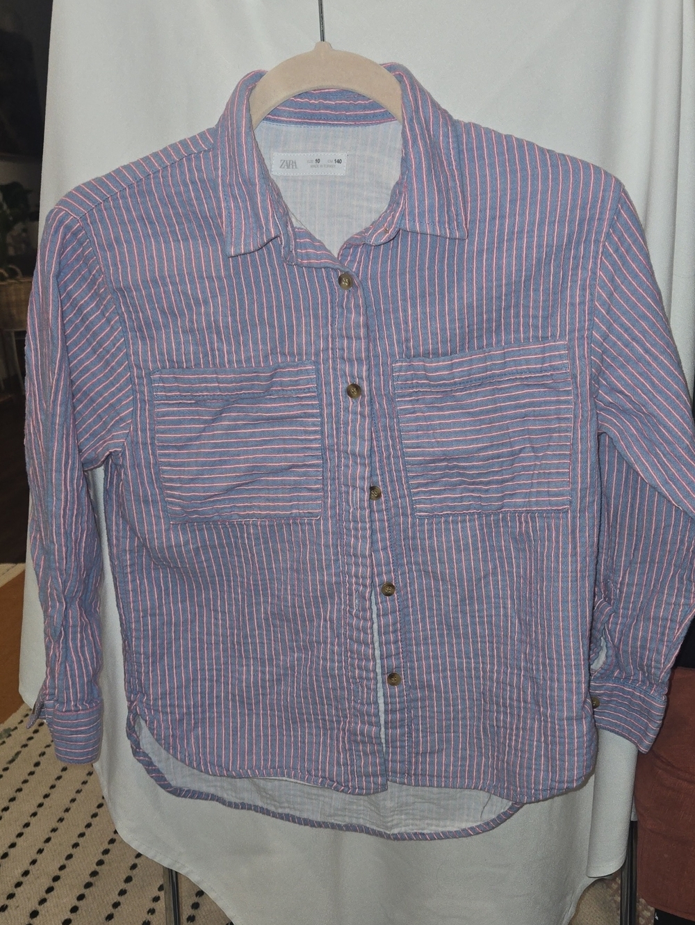 Zara Blue and Pink Striped Button-Down Shirt